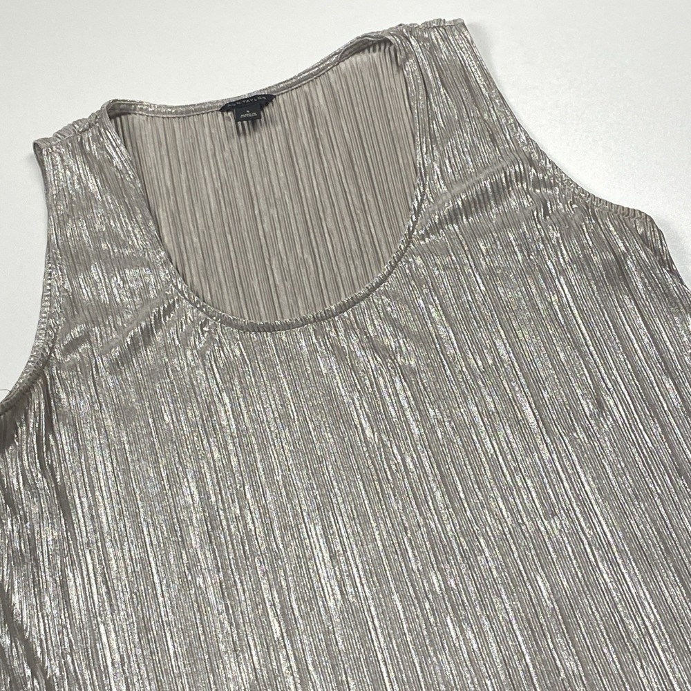 Ann Taylor Crimped Metallic Tank Top Size S Silver Ruffle Seam Sleeveless Blouse